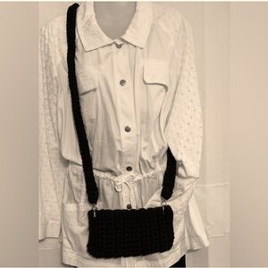 Handmade Phone Crossbody purse crocheted mini purse in black with silver